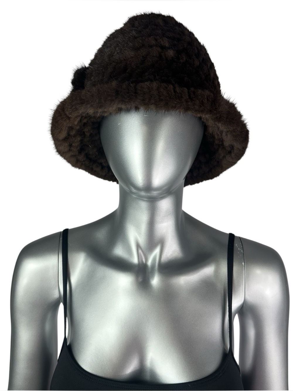 Mahogany MINK Knitted Hat w/Brim & Rosette, Sz M/L, Certified Vintage Fur